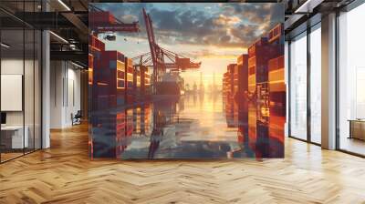 A ship for transporting cargo containers and also unloading it at the docks of a cargo port. AI Generated Wall mural