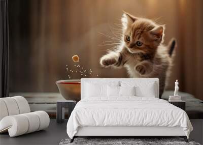 A small funny cute domestic kitten is jumping near a bowl of cat food. AI generated Wall mural