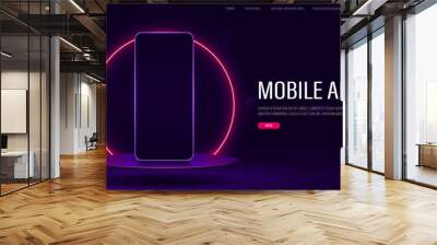 A web banner with a phone on a glossy podium with a neon pink frame. A concept for a website with a mobile application. A smartphone on a platform on a purple background. Wall mural