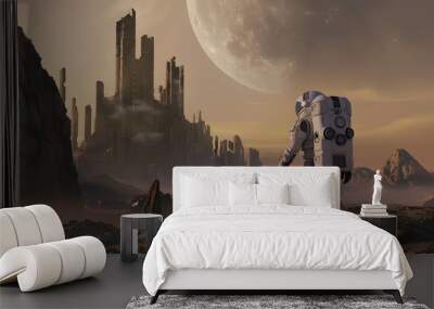 An astronaut in a spacesuit on the surface of an uncharted planet. AI Generated Wall mural