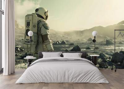 An astronaut in a spacesuit on the surface of an uncharted planet. AI Generated Wall mural