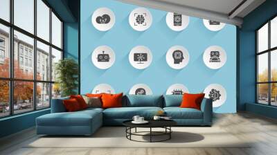 artificial intelligence vector icons on round puffy paper circles with transparent shadows on blue b Wall mural