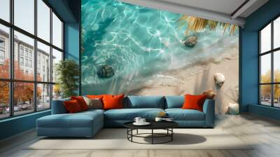 Azure coast of the ocean with palm trees, sand, surf and shells. AI Generated Wall mural