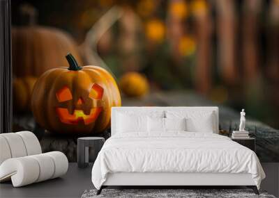 Beautiful colorful background for Halloween with pumpkins, cobwebs. AI Generated Wall mural