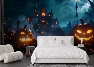 Beautiful colorful background for Halloween with pumpkins. AI Generated Wall mural