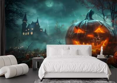 Beautiful colorful background for Halloween with pumpkins. AI Generated Wall mural