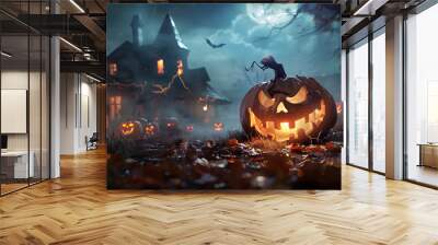 Beautiful colorful background for Halloween with pumpkins. AI Generated Wall mural