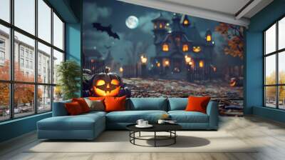 Beautiful colorful background for Halloween with pumpkins. AI Generated Wall mural