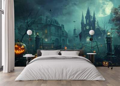 Beautiful festive background for Halloween with pumpkins and fog. AI Generated Wall mural