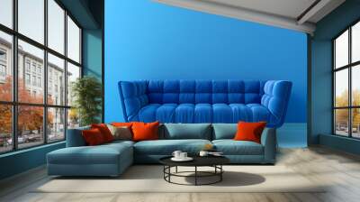 Blue luxury soft comfortable sofa on a blue plain background. Neural network AI generated art Wall mural