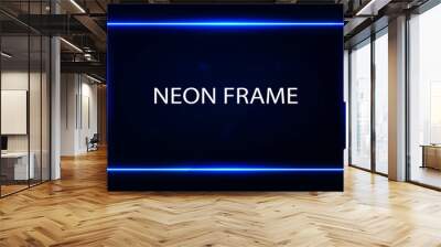 Bright glowing blue neon frame on dark background. Wall mural