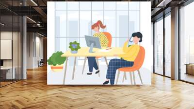 Business characters working in office workplace talking on phone. Co working people, meeting teamwork, collaboration and discussion. Businesspeople office life, colleagues discuss, women communicate Wall mural