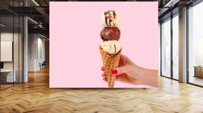 Chocolate and vanilla ice cream cone on white background. Wall mural