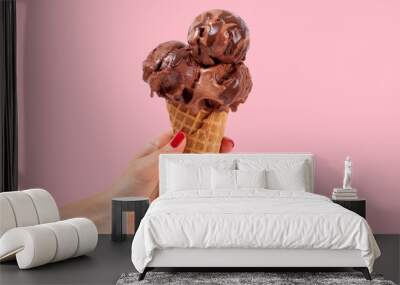 Chocolate  ice cream cone on white background. Wall mural