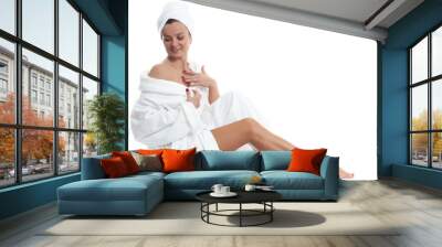 Spa. Beautiful girl in bathrobe.  Long female legs after depilation. Wall mural