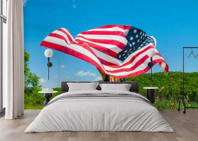 Young woman holding American flag on blue sky background. Wall mural