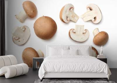 Fresh champignon mushrooms isolated on white background. top view Wall mural