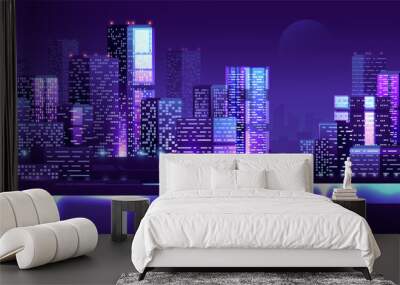 Futuristic cyberpunk city center. Modern skyscrapers building night horizontal landscape. Wall mural