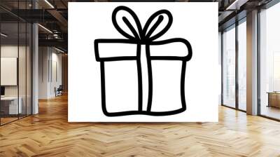 Gift box with ribbon outline icon isolated on white hand draw Wall mural