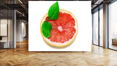 Grapefruit with slice and leafs on white background Wall mural