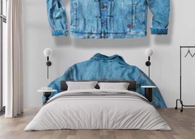 Jean jacket isolated on white. Front and back views. Ready for clipping path. Vertical composition. Wall mural