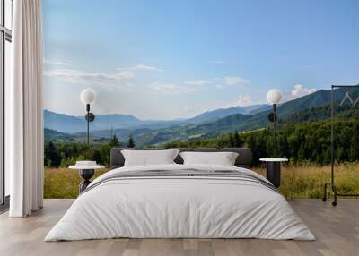 Landscape of bright summer day in Carpathian mountains, panorama of Carpathians, blue sky, trees and green hills, beautiful view Wall mural