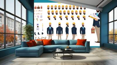 Male architect in business suit and protective helmet. Character creation set. Full length, different views, emotions and gestures. Build your own design. infographic illustration Wall mural