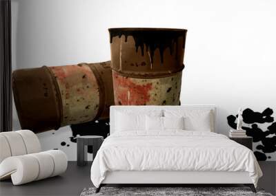 Metal rustic barrels with black liquid like oil drip on white isolated background. Crude oil market or ecology and chemical industry concept design elements Wall mural