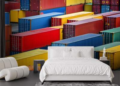 Multi-colored cargo containers on the pier of a cargo logistics port. AI Generated Wall mural