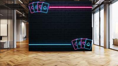 Neon frame with pink and blue cards. A poster for a casino against a dark brick wall. Wall mural