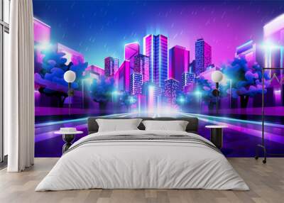 Night neon rainy road on shining metropolis background. Wall mural