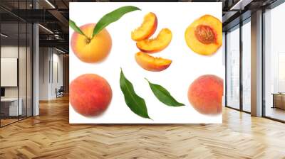 peach fruit with green leaf and slices isolated on white background. top view Wall mural