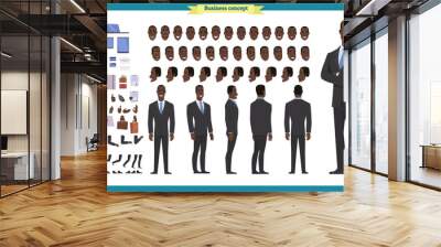 People character business set. Front, side, back view animated character. Black american Businessman character creation set.simple, face emotions, poses and gestures.flat isolated vector Wall mural