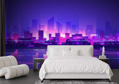 Purple shining cyberpunk metropolis in retro style on dark background. Widescreen futuristic night city. Wall mural