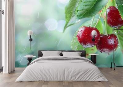 Ripe juicy cherries in droplets of water with green leaves. Neural network AI generated art Wall mural