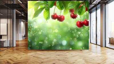 Ripe juicy cherries in droplets of water with green leaves. Neural network AI generated art Wall mural