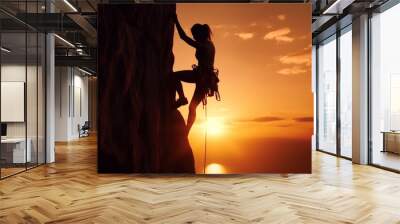 Rock climber in the evening a young woman of Caucasian descent ascends a difficult route on an overhanging cliff. Adventure and Extreme Sport Concept Generative AI Wall mural