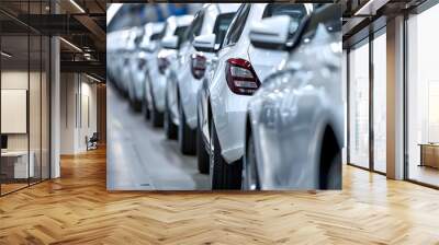 Rows of new white cars at the factory. Neural network AI generated art Wall mural