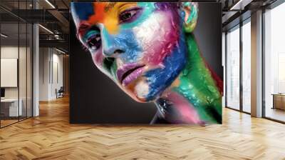 Fashion model girl portrait with colorful paint make up. Sexy woman bright color makeup. Art design. Grey background Wall mural