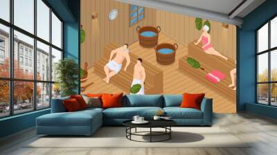 Sauna and steam room. Set of people in sauna. People relax and steam with birch brooms in traditional russian stove for female and male. Finnish bathhouse. Public sauna, Friends in spa resort Wall mural