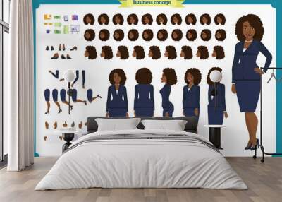 Set of Black Businesswoman character design.Front, side, back view animated character.Business girl character creation set with various views, poses and gestures. flat vector isolated.   Wall mural