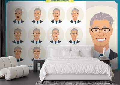 Set of male facial emotions.Face expressions of a man.Flat cartoon character. Businessman in a suit and tie. Isolated vector on white. Wall mural