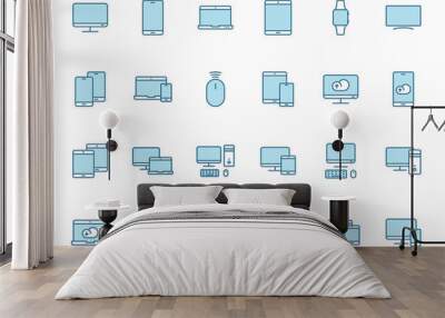 Smart devices lineal blue vector icons isolated on white background. Smart devices technology flat icons for web, mobile and ui design. Smartphone, laptop, smart watch, pc and tablet Wall mural