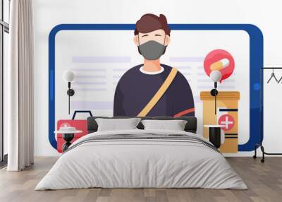 Tablet screen with a picture of a masked man, a container with pills and a red first aid kit. Photo of a guy during quarantine with text on the background. Preventing the spread of a disease Wall mural