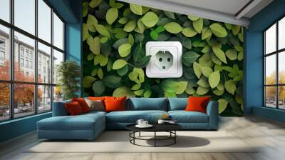 Green electric power socket with fresh leaves. Renewable and saving energy, eco or green power consumption concept Wall mural