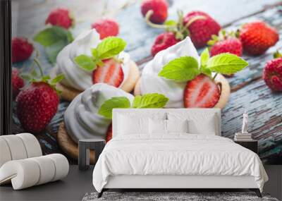 tasty strawberry dessert on a slate board on a turquoise wooden table Wall mural