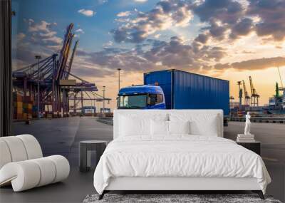 Truck trailer on the pier in the cargo port terminal with cranes and containers. AI Generated Wall mural