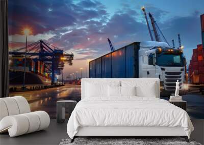 Truck trailer on the pier in the cargo port terminal with cranes and containers. AI Generated Wall mural