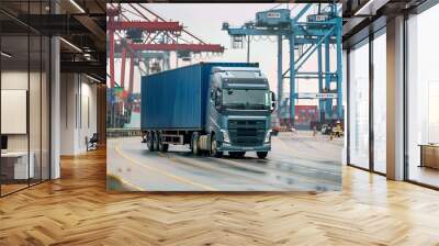 Truck trailer on the pier in the cargo port terminal with cranes and containers. AI Generated Wall mural