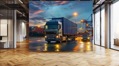 Truck trailer on the pier in the cargo port terminal with cranes and containers. AI Generated Wall mural